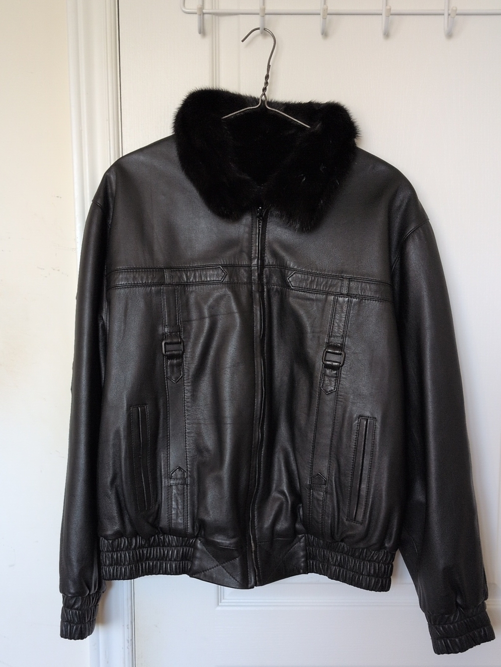 Men's Black Leather Bomber Jacket with Mink Collar And Lining